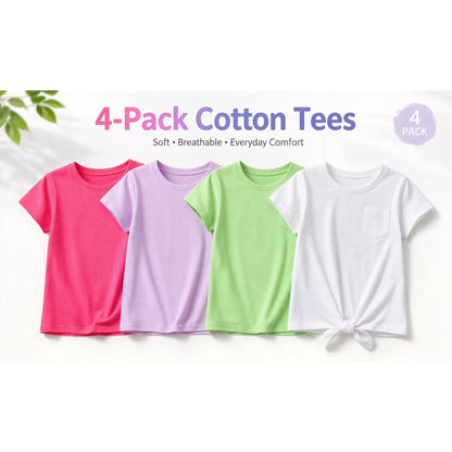 HILEELANG 4-PC Little Girls 5-16Y Hot Pink Lavender Light Green White Cotton Short Sleeve Crewneck T Shirt Tee