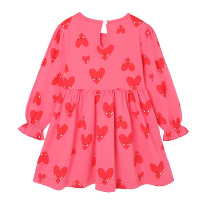 HILEELANG Toddler Girls Cotton Dress 2-7T, 100% Soft Cotton, Long Sleeve Cute Heart Print Casual Princess Outfit