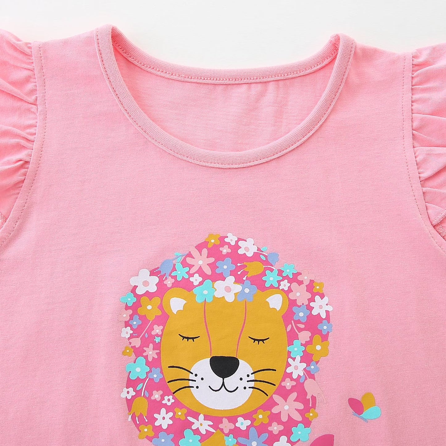 HILEELANG Toddler Girl Summer Short Clothes Sets Outfits Cotton Pink Lion Tee Shirts Shorts Playwear