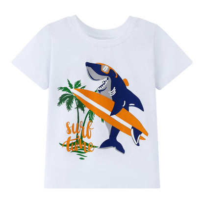 HILEELANG 2-7T Toddler Little Boys 3-Pack T-Shirts Dinosaur Shark Surf Graphic 100% Cotton Short Sleeve Summer Tees Blue Yellow White
