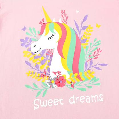 HILEELANG Little Girl Cotton Short Sleeve Tees, Unicorn Print, 3-Pack