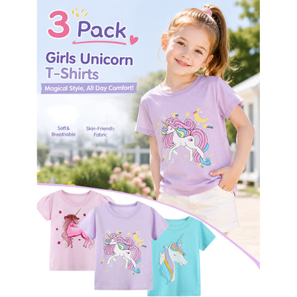 HILEELANG Toddler Girls' Short Sleeve Tee Shirt Cotton Crewneck Unicorn Graphic Tops T-Shirts Purple Green 3 Packs
