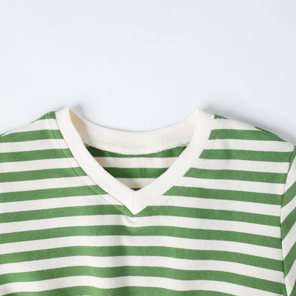 HILEELANG 4–13 Little/Big Girls Green White Stripe V-Neck Short Sleeve Dress with Waist Tie