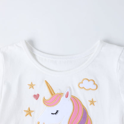 HILEELANG 2-7T Toddler Girls Unicorn Tulle Dress Short Sleeve Cotton Top with Pink Mesh Skirt 2T