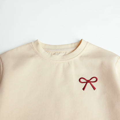 HILEELANG Girls 2-Piece Outfit Set, Bow Embroidered Sweatshirt and Flare Pants with Scalloped Trim, Cream, Ages 3Y
