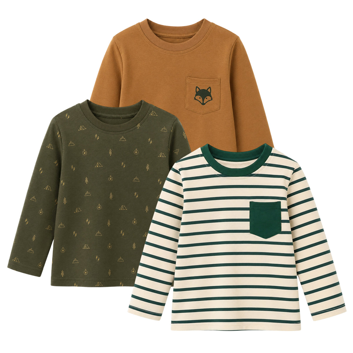 HILEELANG Boys Long Sleeve Shirts 3 Pack Cotton Tee Shirts Forest Mix