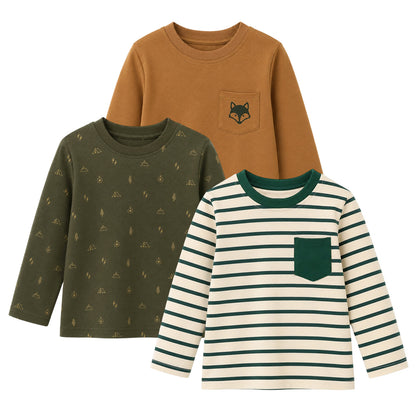 HILEELANG Boys Long Sleeve Shirts 3 Pack Cotton Tee Shirts Forest Mix