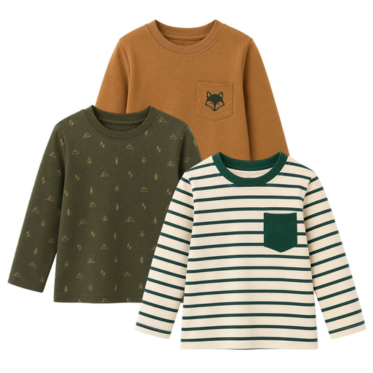 HILEELANG Boys Long Sleeve Shirts 3 Pack Cotton Tee Shirts Forest Mix