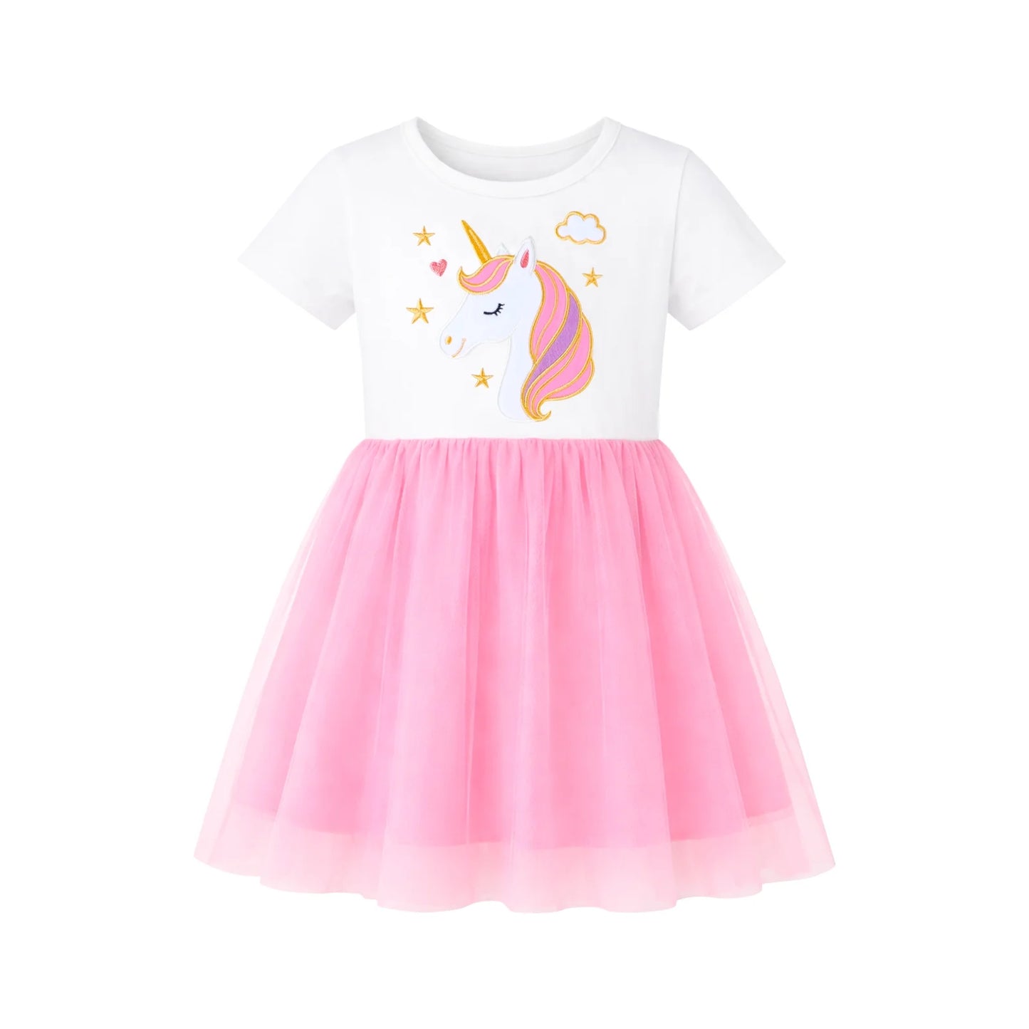 HILEELANG 2-7T Toddler Girls Unicorn Tulle Dress Short Sleeve Cotton Top with Pink Mesh Skirt 2T