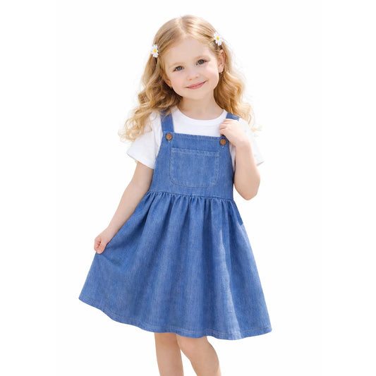 HILEELANG 2-8T Toddler/Little Girls Light Blue Denim Look 100% Cotton Dress