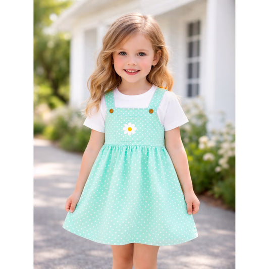 HILEELANG 2-8T Toddler/Little Girls Mint Green Polka Dot Daisy 100% Cotton Dress
