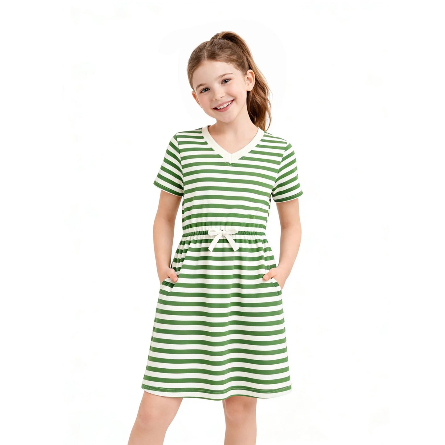 HILEELANG 4–13 Little/Big Girls Green White Stripe V-Neck Short Sleeve Dress with Waist Tie