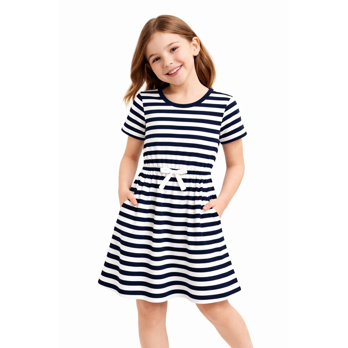 HILEELANG 4–13 Little/Big Girls Navy White Stripe Casual Short Sleeve Dress with Waist Tie