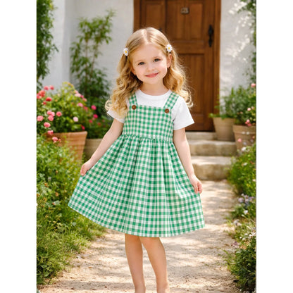 HILEELANG 2-7T Toddler/Little Girls Green Gingham 100% Cotton Dress