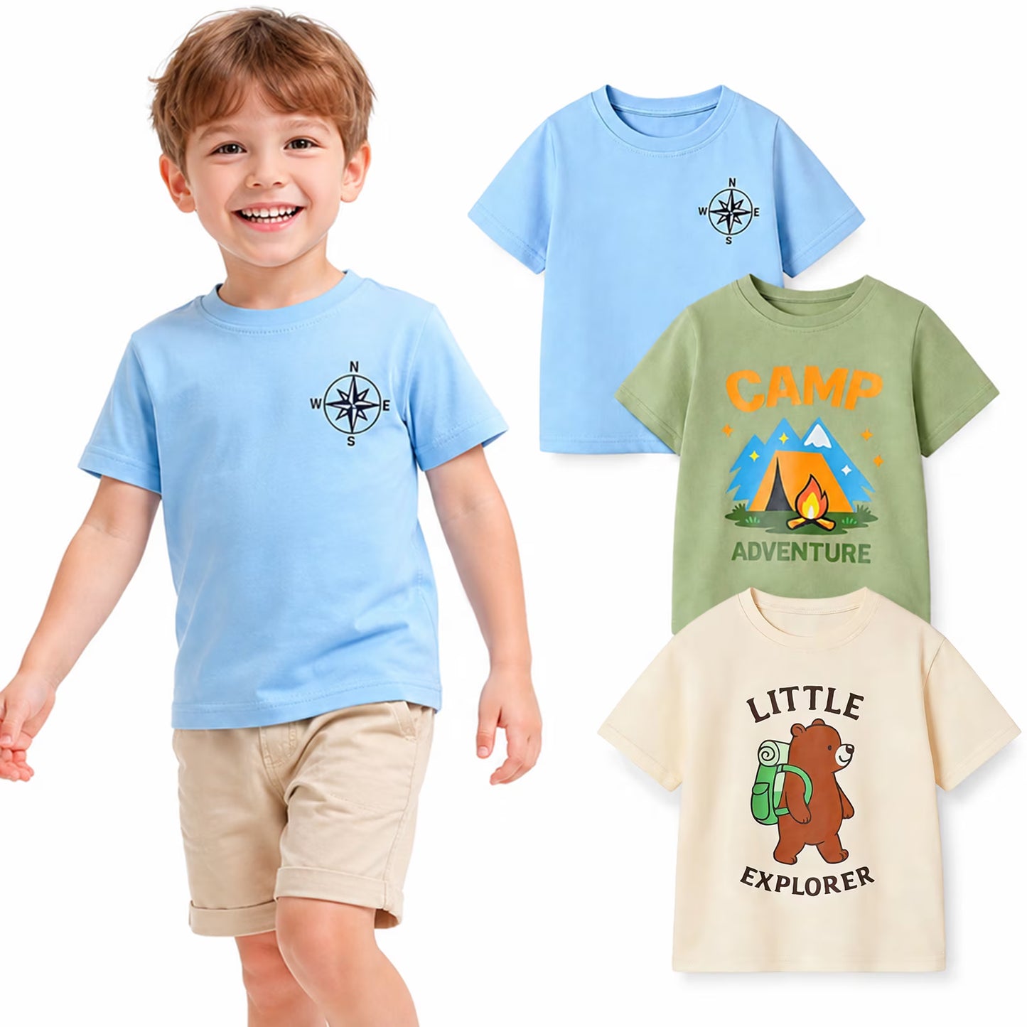 HILEELANG 2-7T Toddler/Little Boys Sage/Ivory/Blue Camp Adventure Explorer 100% Cotton T-Shirt 3-Pack