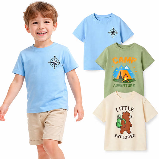 HILEELANG 2-7T Toddler/Little Boys Sage/Ivory/Blue Camp Adventure Explorer 100% Cotton T-Shirt 3-Pack