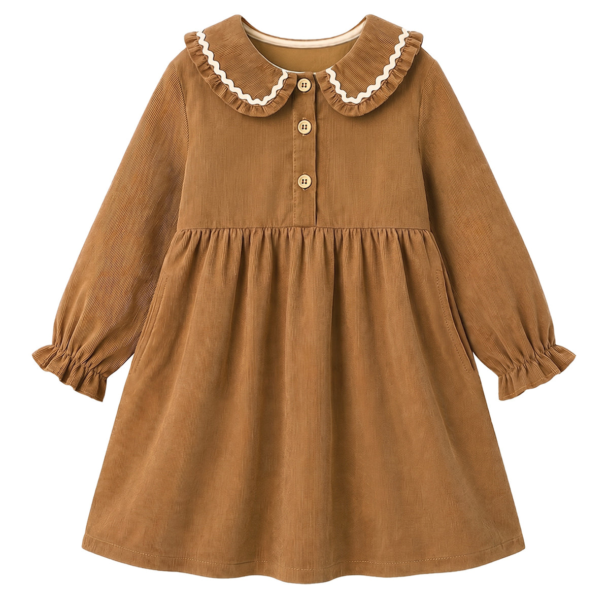 HILEELANG Toddler Brown Wavy Collar Corduroy Dress, Single Piece