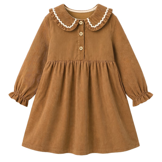 HILEELANG Toddler Brown Wavy Collar Corduroy Dress, Single Piece