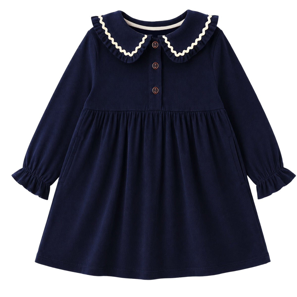 HILEELANG Toddler Girls 100% Cotton Long Sleeve Dress, Peter Pan Collar Contrast Trim Button Front Dress, Navy Blue, 4Y