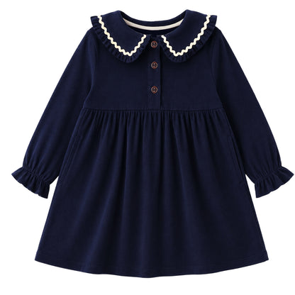 HILEELANG Toddler Girls 100% Cotton Long Sleeve Dress, Peter Pan Collar Contrast Trim Button Front Dress, Navy Blue, 4Y