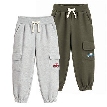 HILEELANG Toddler Boys 2 Pack Cargo Jogger Pants Car Embroidery Drawstring Sweatpants Heather Grey Olive