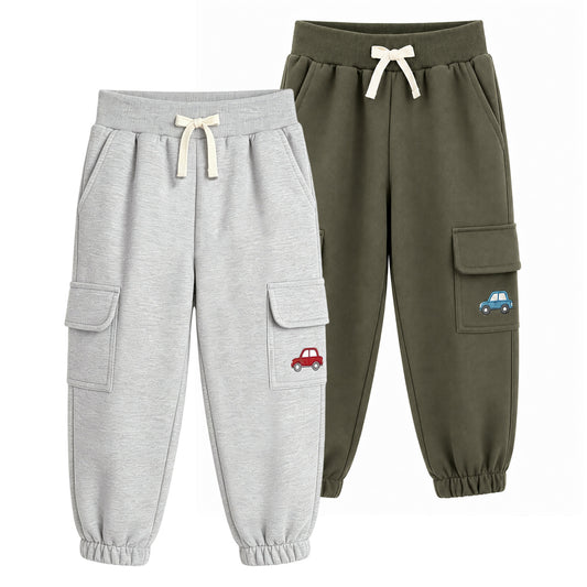 HILEELANG Toddler Boys 2 Pack Cargo Jogger Pants Car Embroidery Drawstring Sweatpants Heather Grey Olive