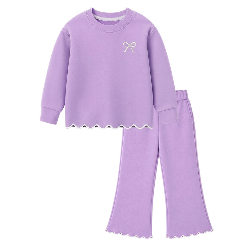 HILEELANG Girls 2 Piece Outfit Set, Bow Detail Long Sleeve Top & Flare Pants, Scallop Trim, Lavender