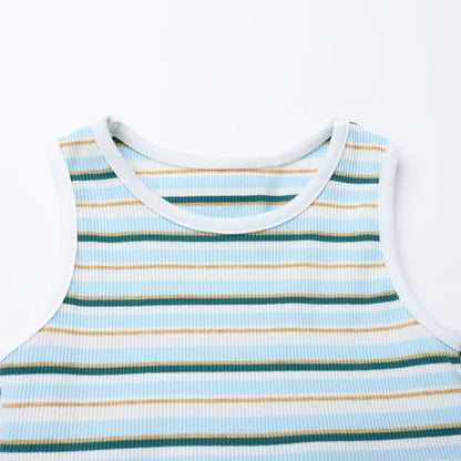 HILEELANG 2-7T Toddler Little Girls Rainbow Striped Ribbed Tulle Dress, Sky Blue Sleeveless Casual Sundress