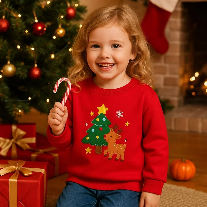HILEELANG Kids Christmas Sweatshirt, Cotton Pullover Holiday Top with Reindeer and Tree Appliqué, Unisex Toddler Boys Girls Xmas Shirt