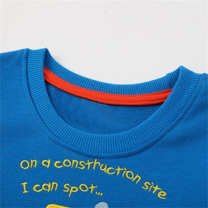 HILEELANG Toddler Boy Sweatshirts Royal Blue Excavator Applique Crewneck Pullover Cotton Winter Top Clothes Shirts