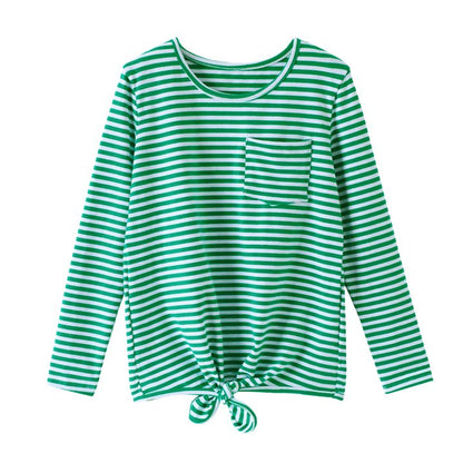 HILEELANG Girls 100% Cotton Long Sleeve T-Shirt 4-Pack, Red Green White Striped, Casual Everyday Tops
