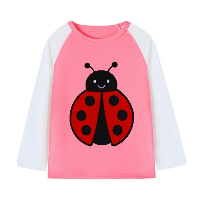 HILEELANG Toddler Girls Long Sleeve Raglan T Shirts 3 Pack – Pink Purple Butterfly, Pink White Ladybug, Pink Mint Bee – 100% Cotton Graphic Tops for Kids