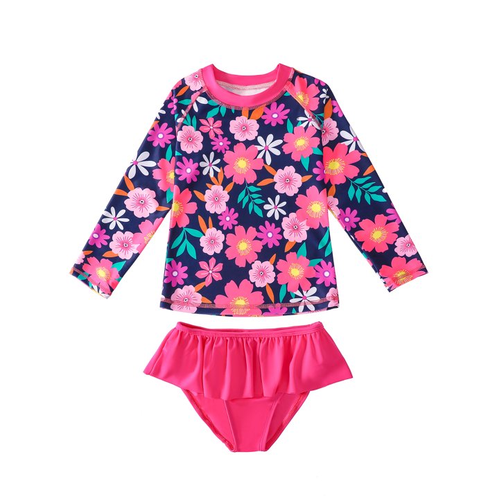 HILEELANG 3-9T Toddler/Little Girls Navy Pink Floral Rashguard Swimsuit