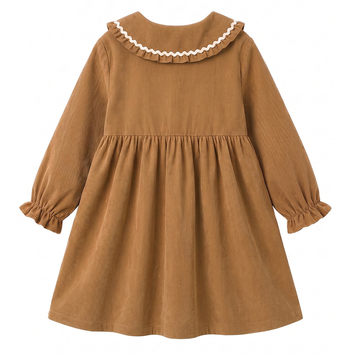HILEELANG Toddler Girls 100% Cotton Long Sleeve Dress, Ruffle Peter Pan Collar Button Front Gathered Casual Dress, Brown
