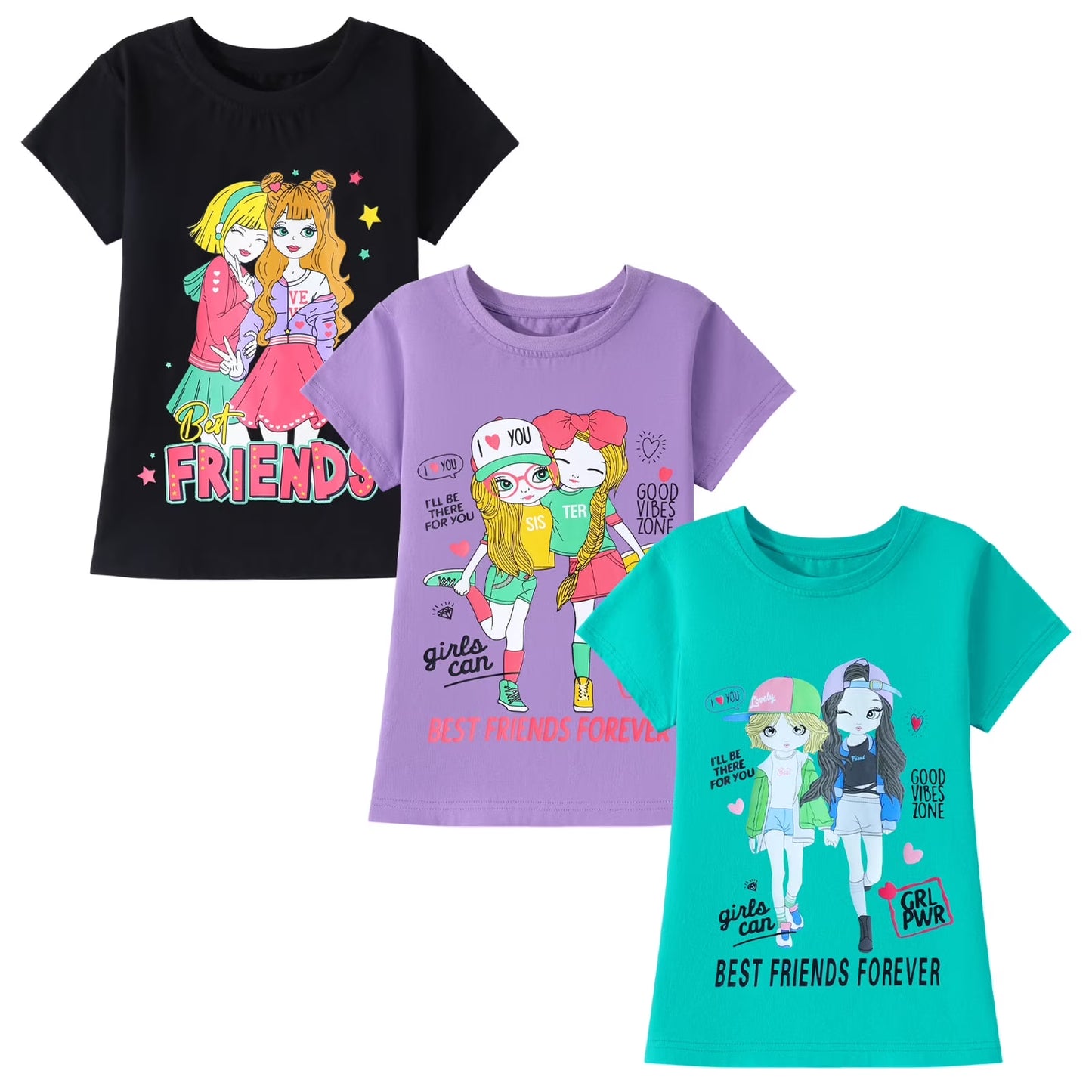 HILEELANG Little Girl Short Sleeve Tees Summer Purple Black Green Girl Cotton Tops Shirts 3 Packs