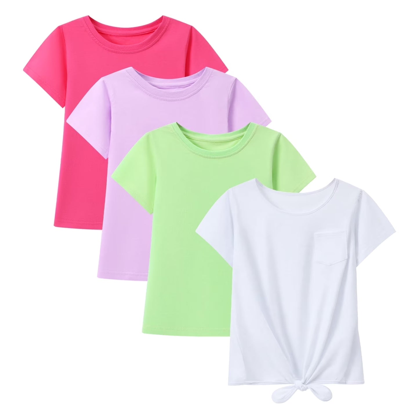 HILEELANG 4-PC Little Girls 5-16Y Hot Pink Lavender Light Green White Cotton Short Sleeve Crewneck T Shirt Tee