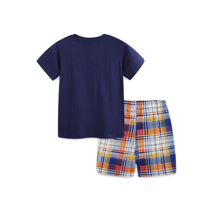 HILEELANG Toddler Boys 100% Cotton Construction Truck Plaid Short Set