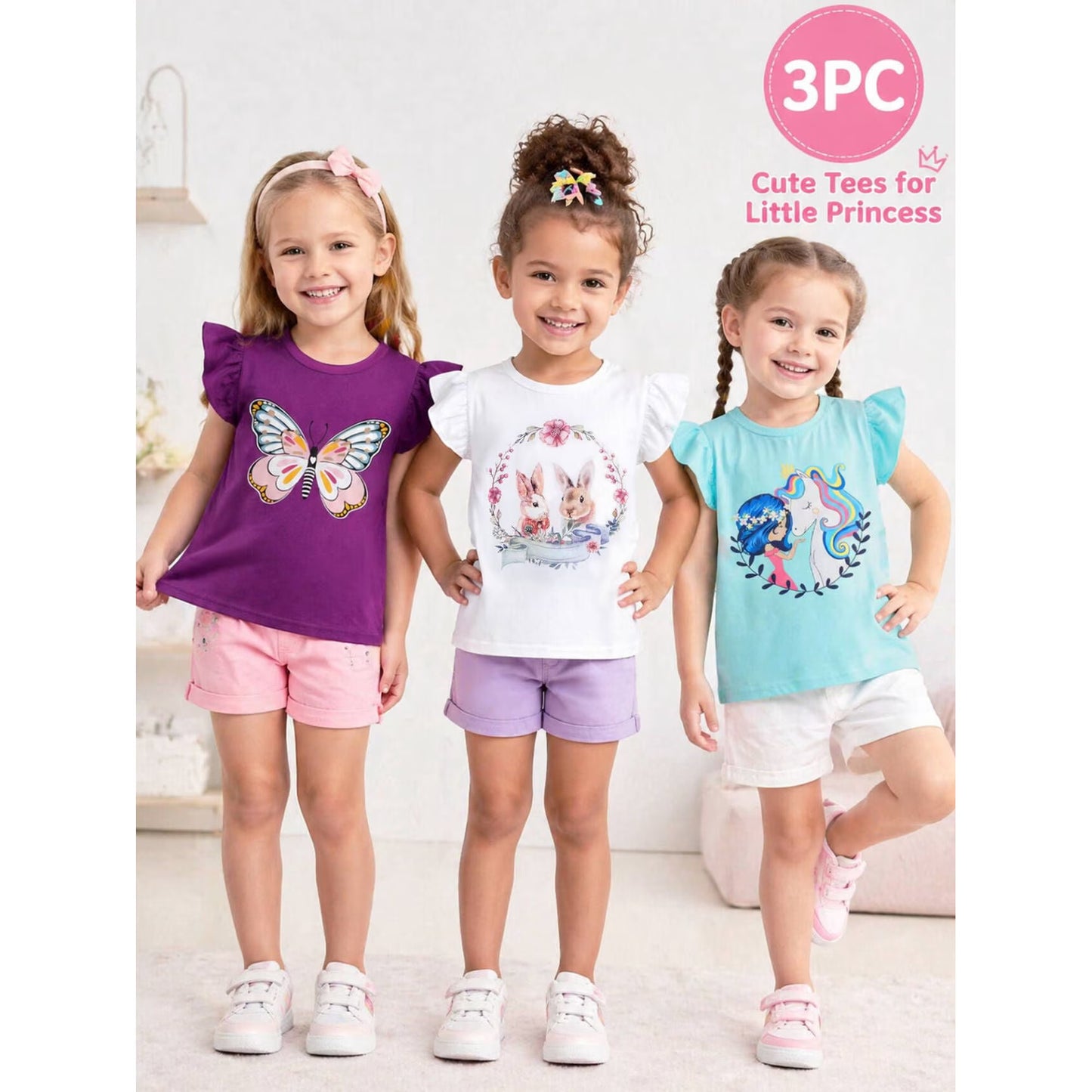 HILEELANG Toddler Girl's Tee Shirts Summer Puff Short Sleeve Cotton Casual Crewneck Graphic Ruffle Cap Easter Purple Butterfly T-Shirts Tops 3 Packs