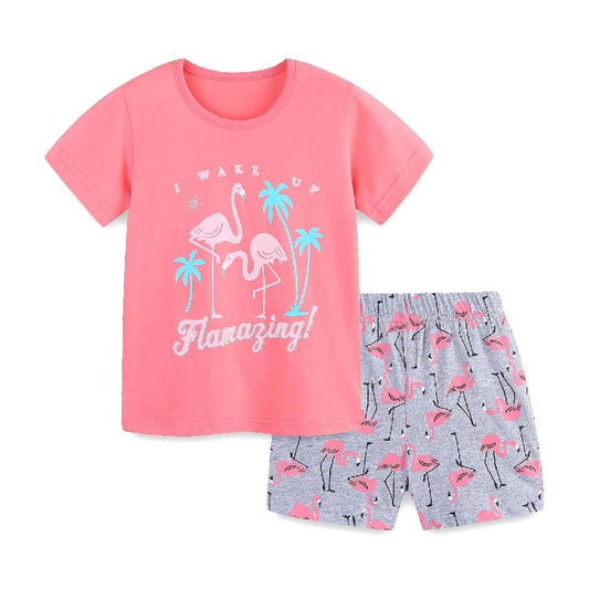 HILEELANG Toddler Girl Summer Short Clothes Sets Outfits Cotton Pink Bird Tee Shirts Shorts Playwear
