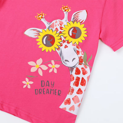 HILEELANG 2-7T Toddler Little Girls 3-Pack T-Shirts Flamingo Giraffe Flower Graphic 100% Cotton Short Sleeve Summer Tees White Pink Purple
