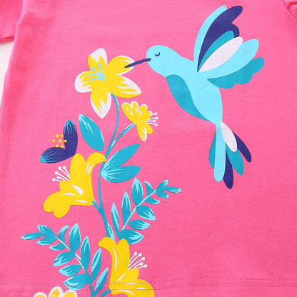 HILEELANG 2-7T Toddler Little Girls 3-Pack T-Shirts Butterfly Hummingbird Dinosaur Graphic 100% Cotton Short Sleeve Summer Tees Pink Blue