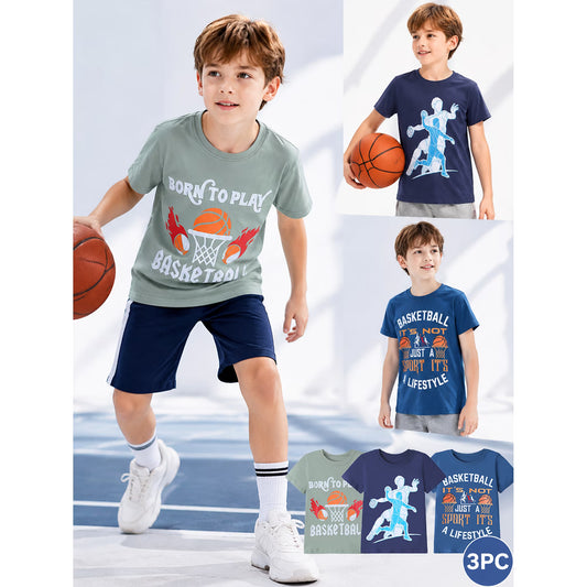 HILEELANG Kids Boys T-Shirts 3 Pack, 100% Cotton Short Sleeve Tees for 6-12Y, Basketball & Soccer Sports Themed Summer Tops for Teen Boys