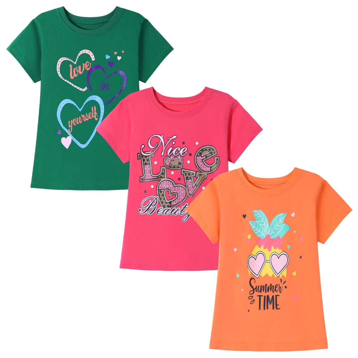 HILEELANG Little Girl Short Sleeve Tees Summer Pink Orange Green Heart Cotton Tops Shirts 3 Packs