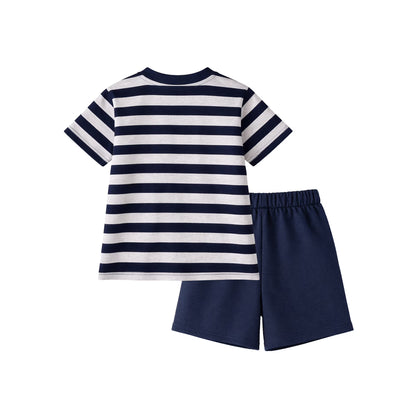 HILEELANG Little/Big Boys 4–13 Navy Stripe 2-Piece Outfit, Cotton-Blend Stretch T-Shirt and Knit Shorts Set, Summer Clothes for Boys