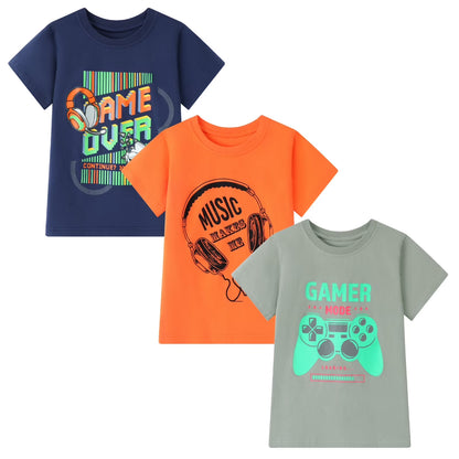 HILEELANG Kids Boys T-Shirts 3 Pack, 100% Cotton Short Sleeve Tees for 6-12Y, Gamer & Music Themed Summer Tops for Teen Boys Version 2 (Keyword-Focused)