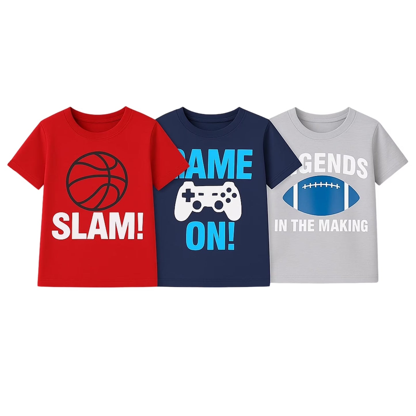 HILEELANG 4-13 Little/Big Boys Red/Navy/Gray Sports Action Graphic 100% Cotton 3-Pack Short Sleeve T-Shirt
