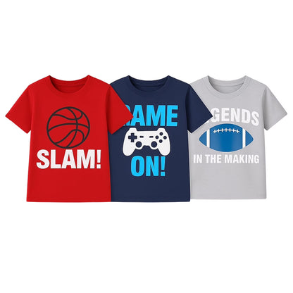 HILEELANG 4-13 Little/Big Boys Red/Navy/Gray Sports Action Graphic 100% Cotton 3-Pack Short Sleeve T-Shirt