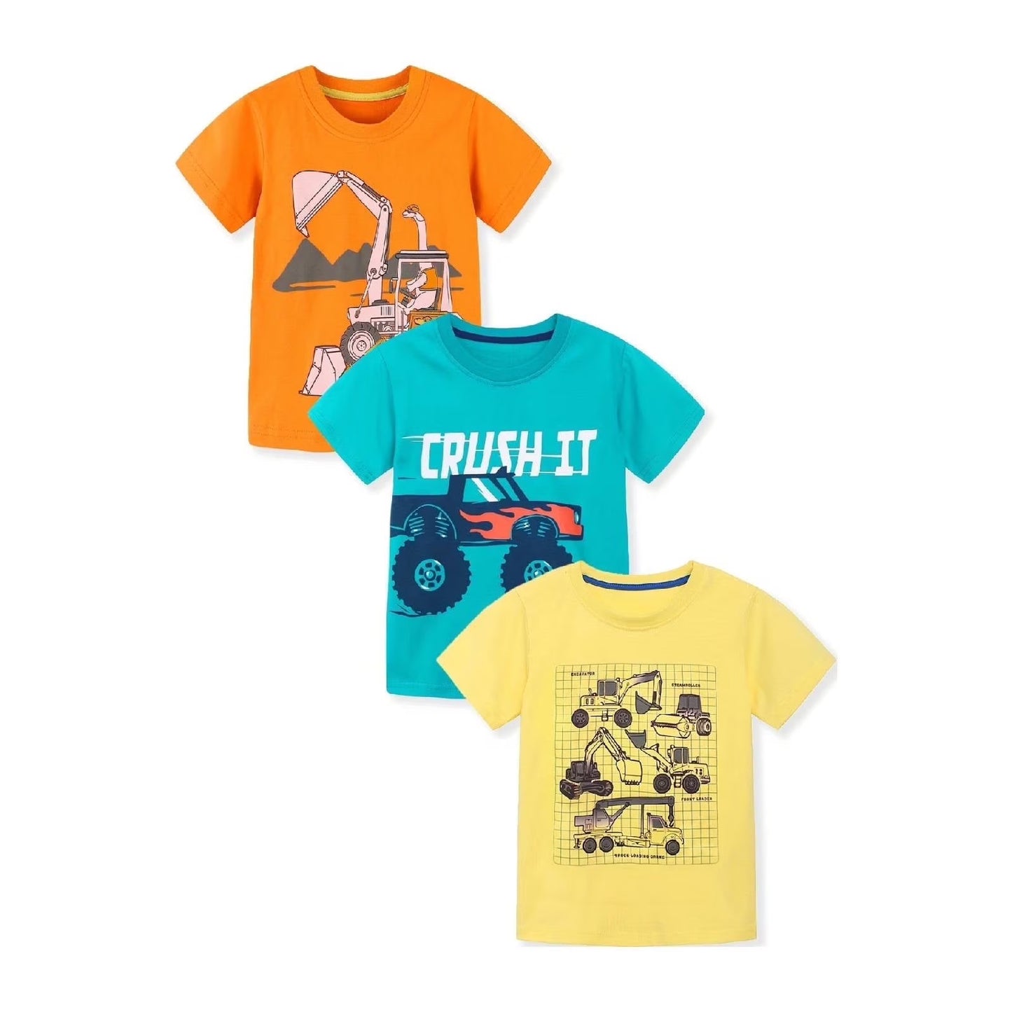 ILEELANG Toddler Boys T-Shirts 3 Pack, 100% Cotton Short Sleeve Tees for Kids 2-7T, Construction Vehicle & Monster Truck Print Summer Tops for Little Boys