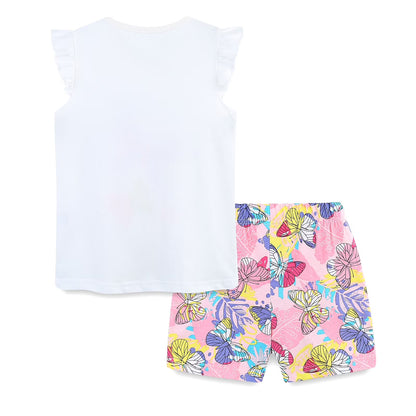 HILEELANG Toddler Girl Summer Short Clothes Sets Outfits Cotton White Butterfly Tee Shirts Shorts Playwear