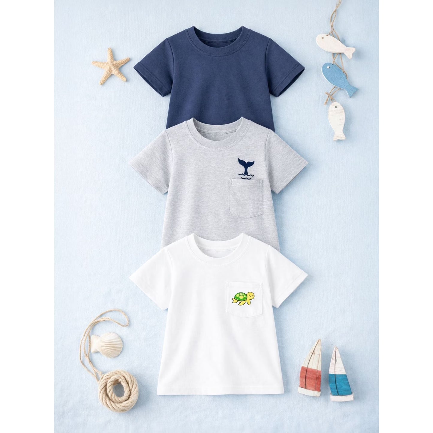 HILEELANG 2-7T Toddler/Little Boys Grey/Navy/Cream Whale & Turtle 100% Cotton T-Shirt 3-Pack